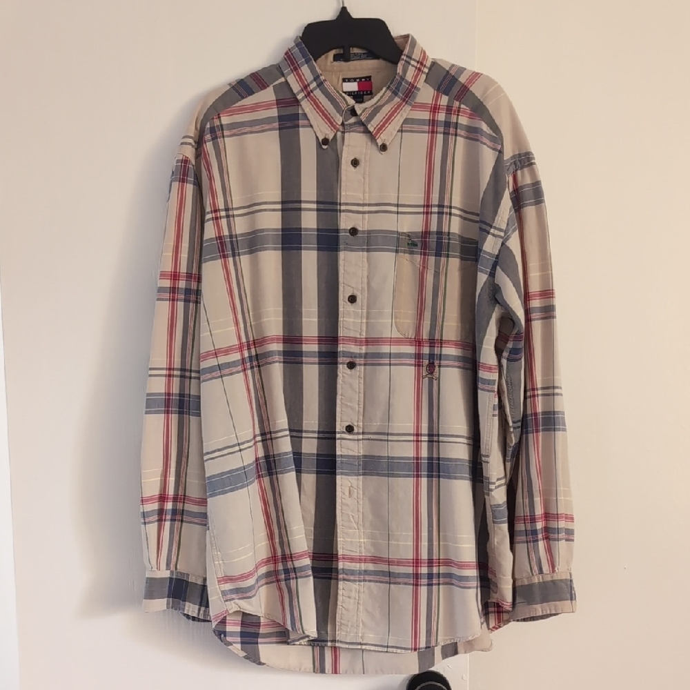 Tommy Hilfiger Beige, Red, and Blue Plaid Shirt